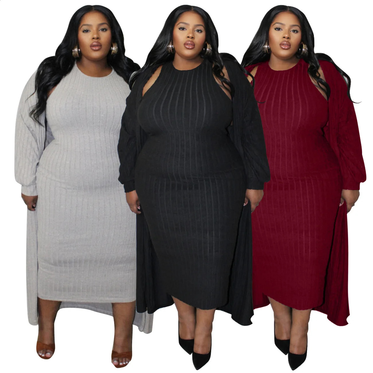 Plus Size Casual Solid Two Pieces Set Spring Winter Ribbed Long Sleeve Cardigan Sleeveless Dress 2 Oversized Suits 250122