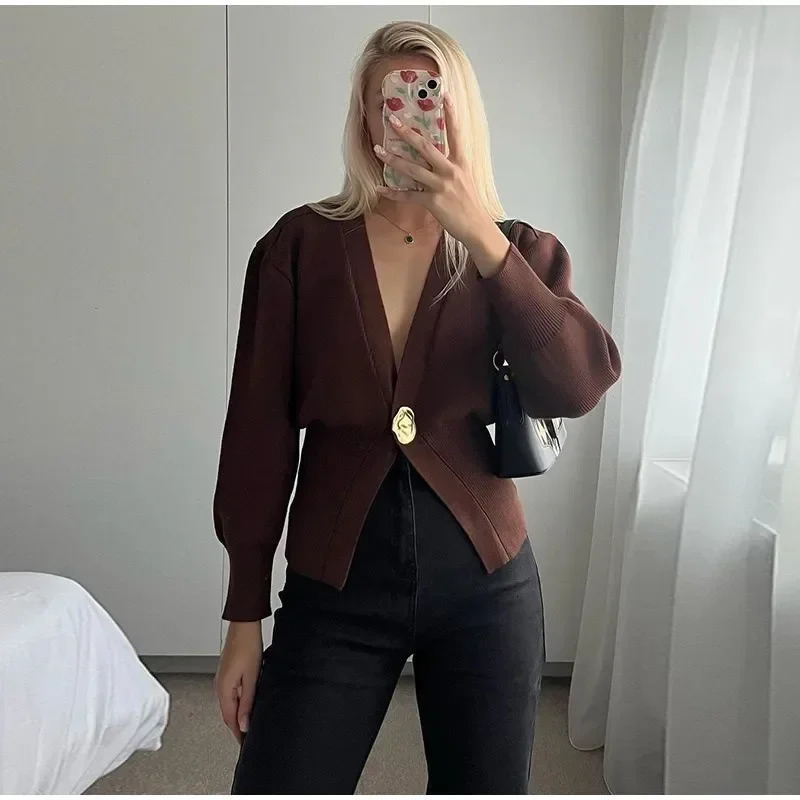 Elegant V Neck Knit Cardigan Women Loose Hollow Out One Button Sweater Female Autumn Winter Soft Solid Knitwears Lady 250109Z