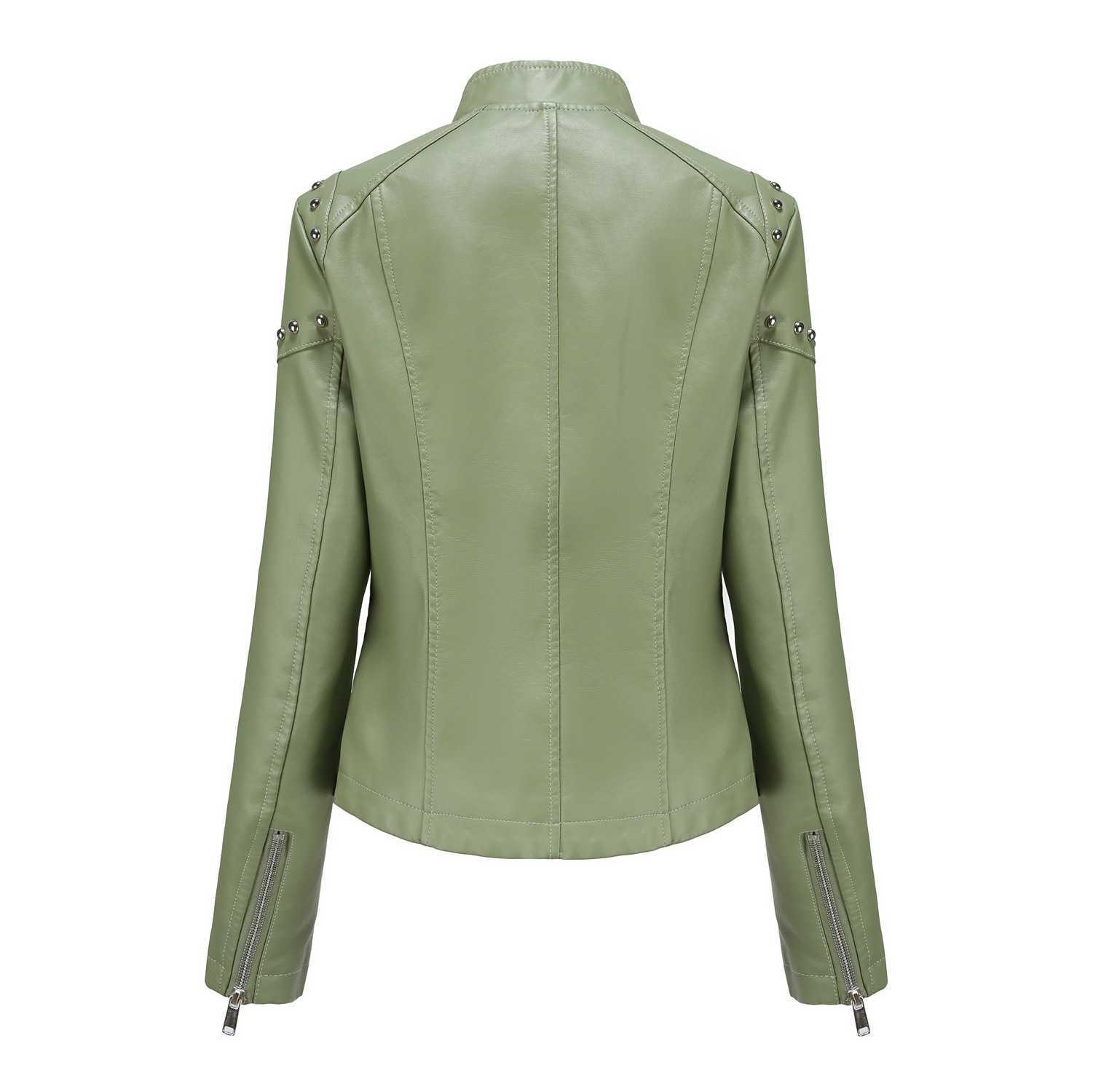 New Rivet Fashion Standing Collar Leather Coat Womens Solid Color Jacket Womens Spring and Autumn Coat Womens Rivet Leather Coat Womens Leather Womens