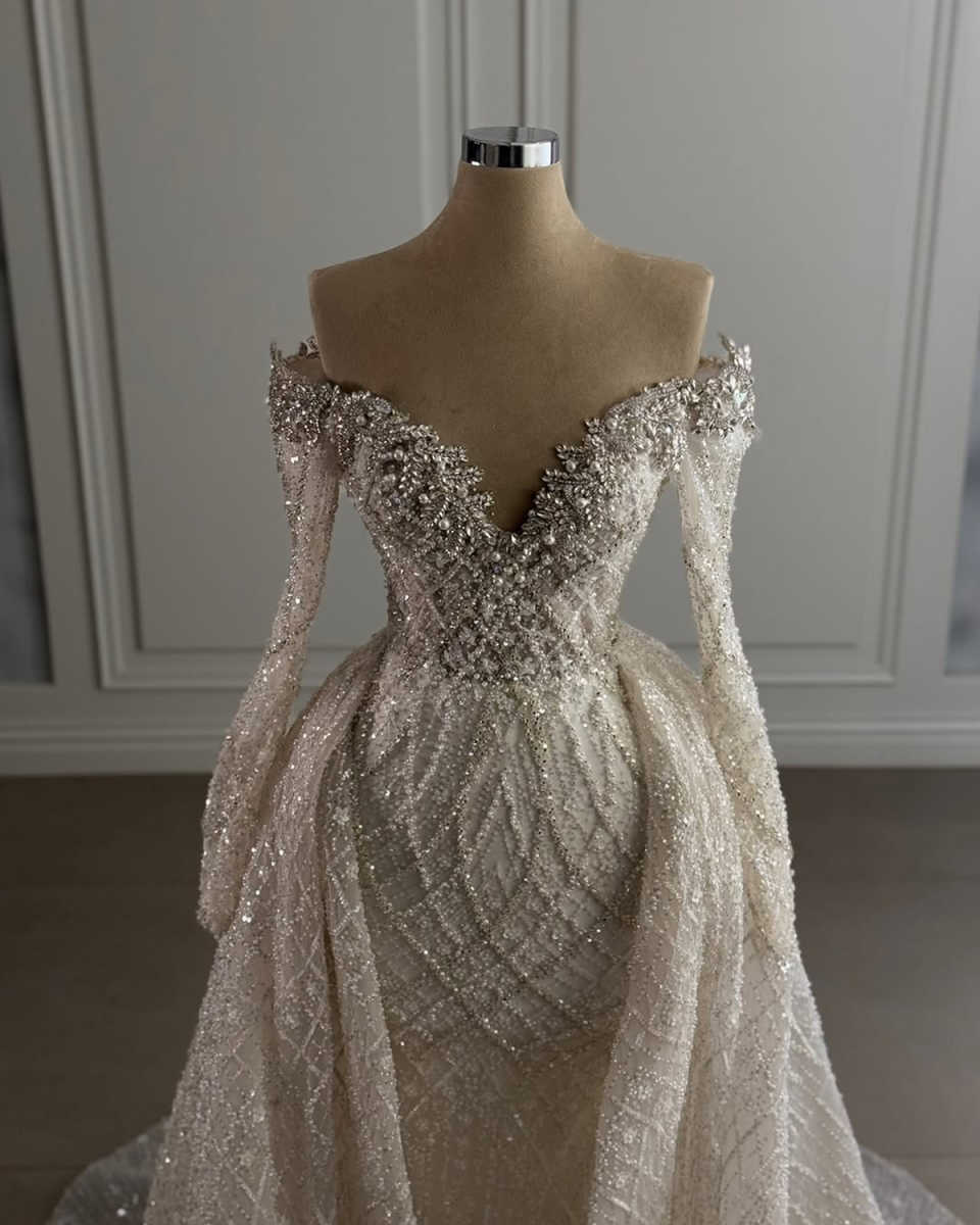 A-e Wedding Dress For Women Sequins Crystal Off Shoulder Long Sleeves Bridal Gown Detachable Train Dresses Customized Vestido De Novia