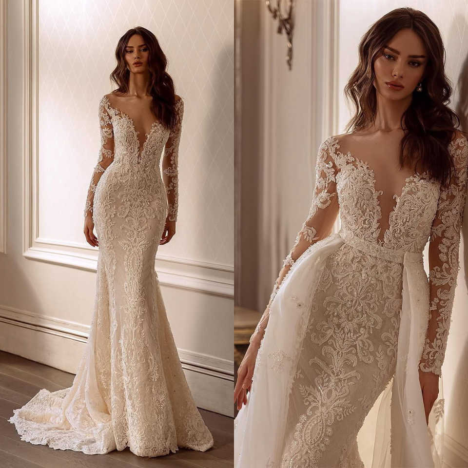 Classic Mermaid Wedding Dresses For Women Sheer Neck Long Sleeves Backless Gown Sequins Appliques Detachable Train Customized Dress
