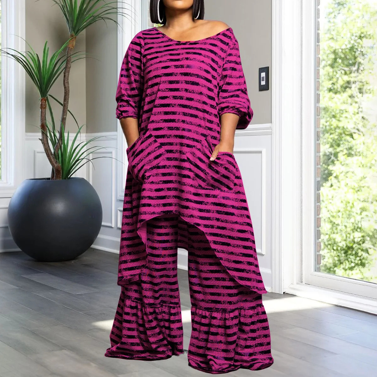 Plus Size Striped Two Piece Pant Set Irregular Long Shirt Casual n Loose Outfit 2024 Autumn Women Large Matching Sets 250122