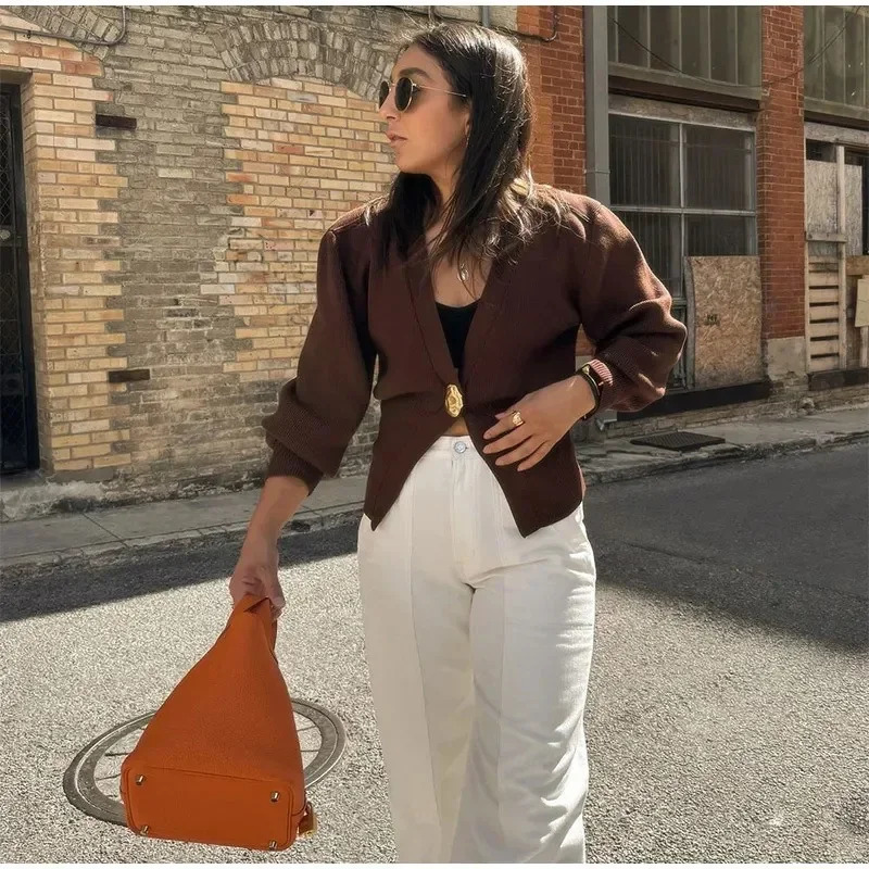 Elegant V Neck Knit Cardigan Women Loose Hollow Out One Button Sweater Female Autumn Winter Soft Solid Knitwears Lady 250109Z