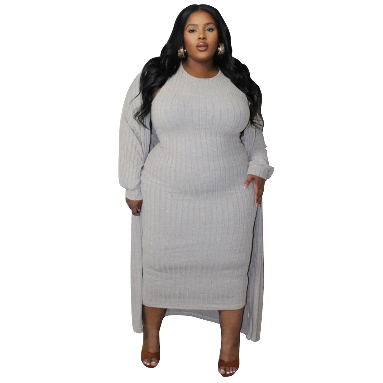 Plus Size Casual Solid Two Pieces Set Spring Winter Ribbed Long Sleeve Cardigan Sleeveless Dress 2 Oversized Suits 250122