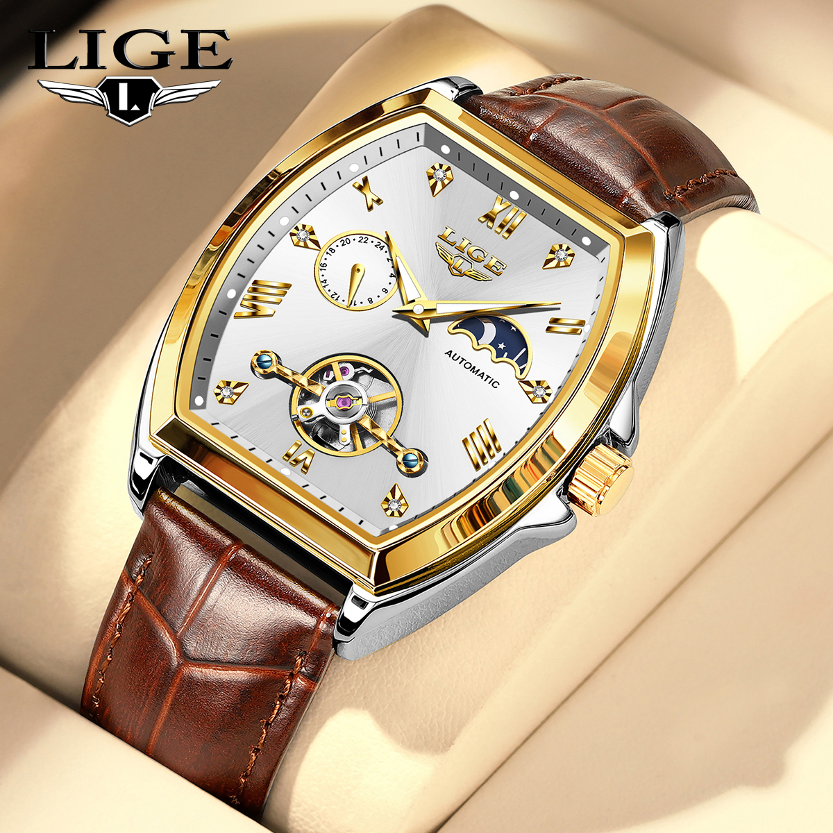 LIGE Men's Tourbillon Mechanical Watch Multi functional Waterproof Night Light Watch Fashion Business Watch