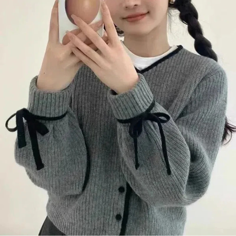Vintage Sweet AutumnWinter Sweaters Coat Womens ONeck Bow Button Korean Fashion Casual Long Sleeve Cardigan Knitted Tops 250109Z