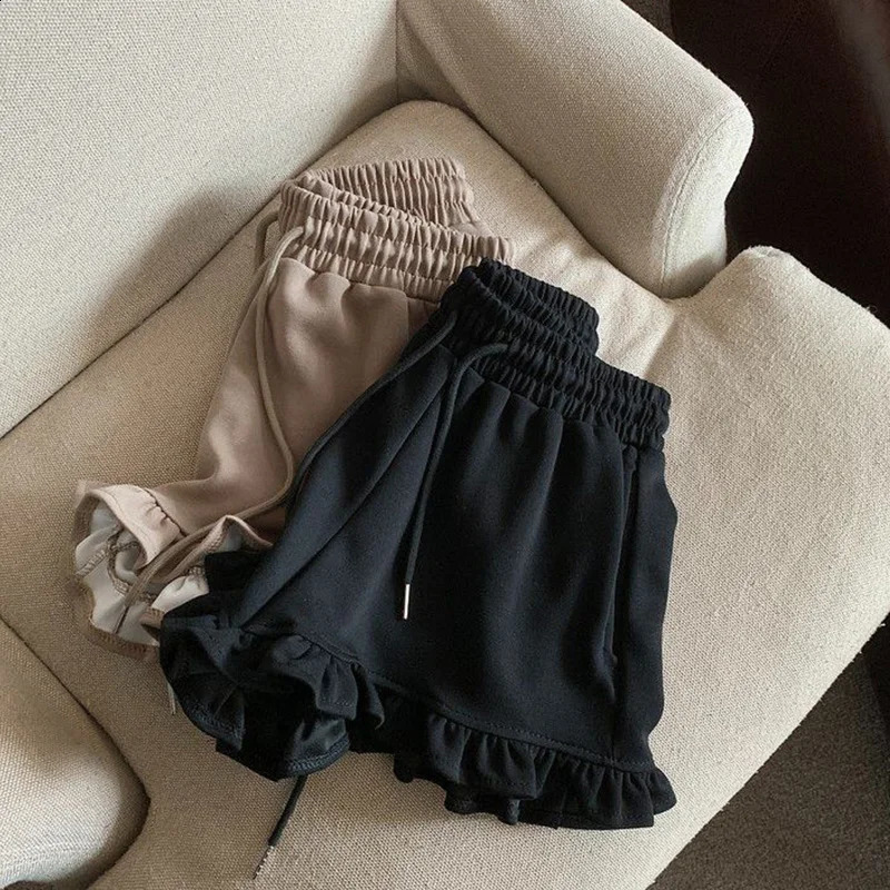 Oversized Casual Shirring Shorts Women Clothing Simplicity Ruffles Solid Color Elastic Waist Wide Leg Pants Summer Loose Pants 250122