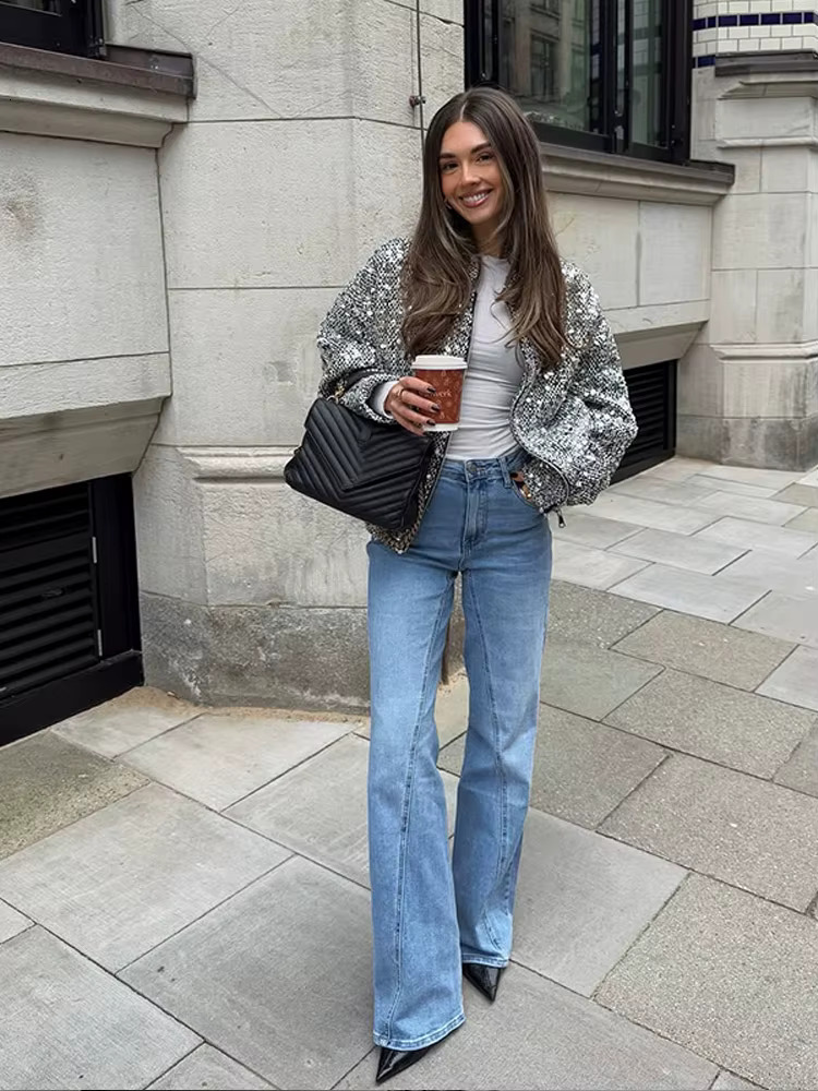 2025 Elegant Fashion Sier Sequin Zipper Jacket Woman Loose Round Neck Long Sleeved Jackets New Lady Chic High Street Outerwear