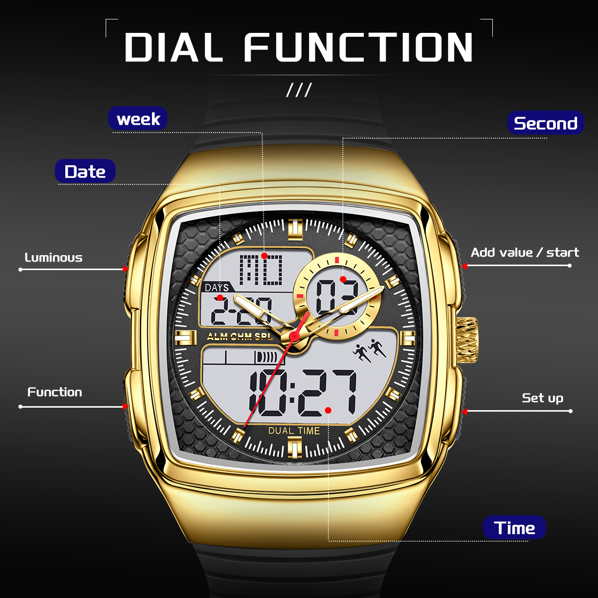 LIGE new men's dual display electronic watch multifunctional waterproof calendar night light timing code watch