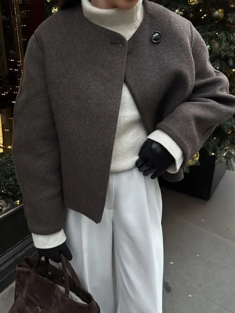 Elegant Solid Wool Blend Round Neck Short Coat Women Fashion Long Sleeve One Button Jacket 2025 Lady Commute Street Outwear 250109