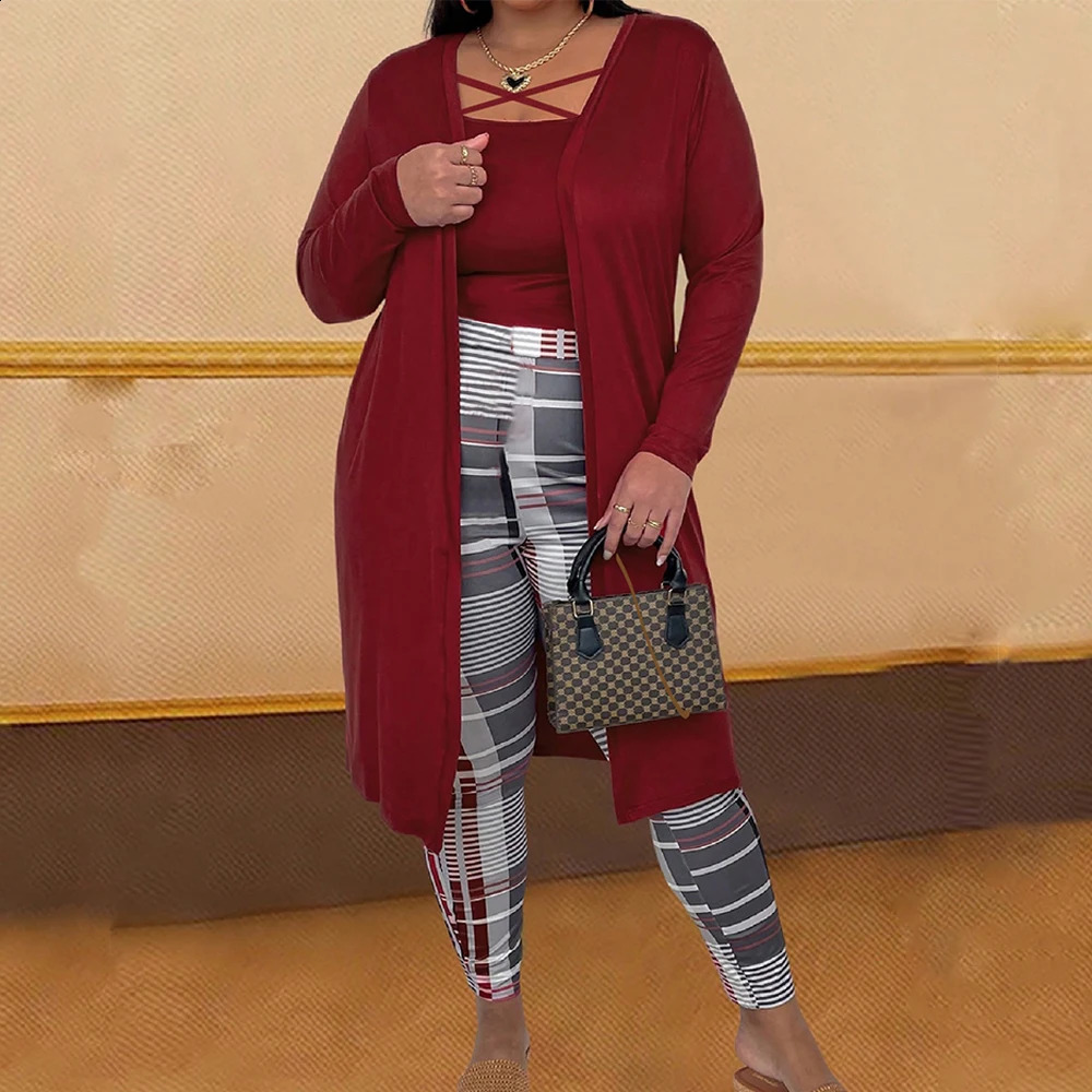 Womens Autumn Winter Plus Size 3 Piece Set Plaid Print Pants Long Sleeve Cardigan Y2K Solid Vest Tops Lady Clothes Casual 250122