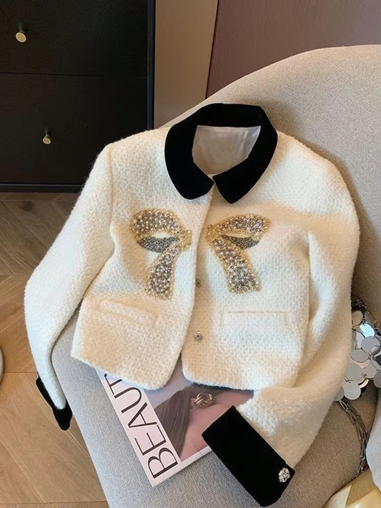 Jmprs Women Bow Elegant Tweed Jacket Korean Sweet Patchwork Long Sleeve Short Coat Casual Fashion Design Lady High Quality Tops