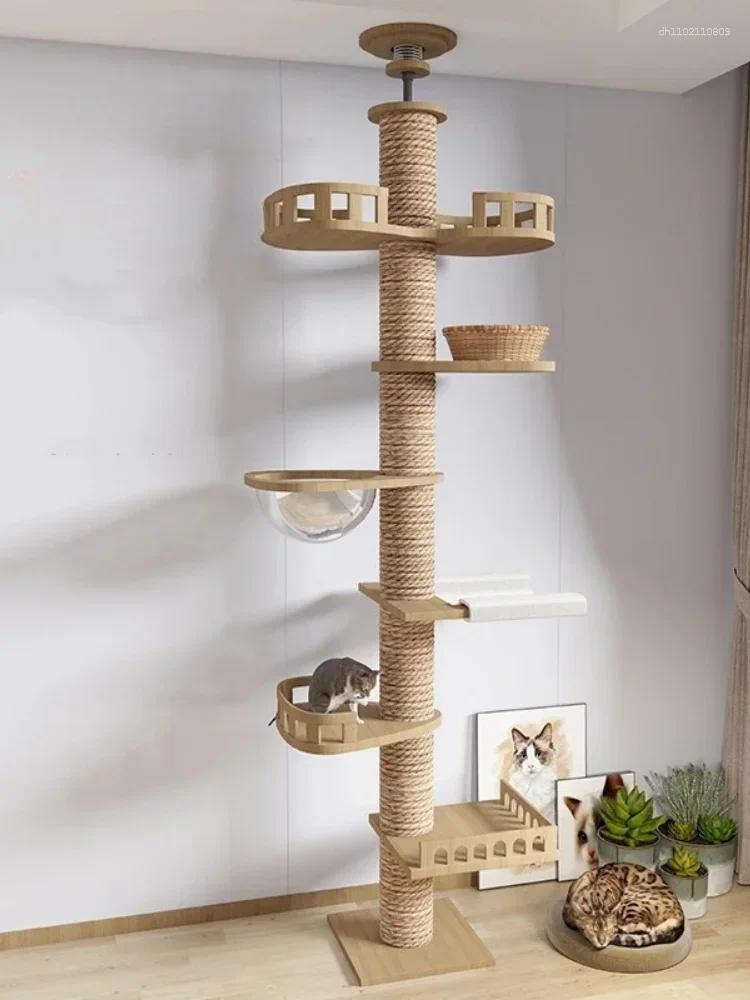 Adjustable Cat Tree House Tower Floor To Ceiling Cats Multi-Level Condo With Scratching Post Hammock Pet Products