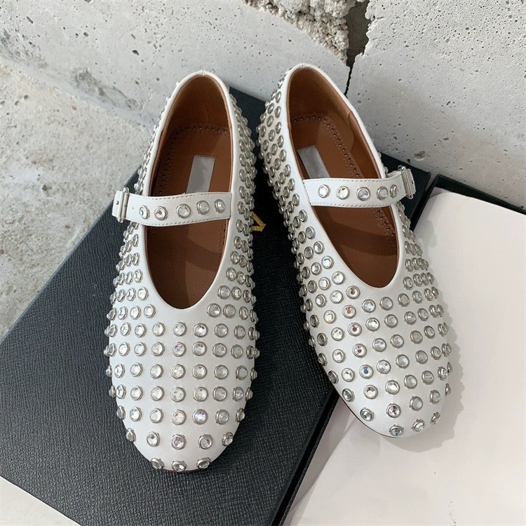 High Edition 2024 New Genuine Leather Round Head Water Dia Rivet Mary Jane Single Women's Flat Bottom Comfortable Ballet Dance Shoes 250305