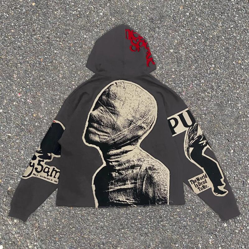 Men's Gothic Streetwear Hoodie - Haraku Hip Hop Oversized Pullover, Retro Mummy Graphic Print Sweatshirt, Unisex Casual Hooded Sweater