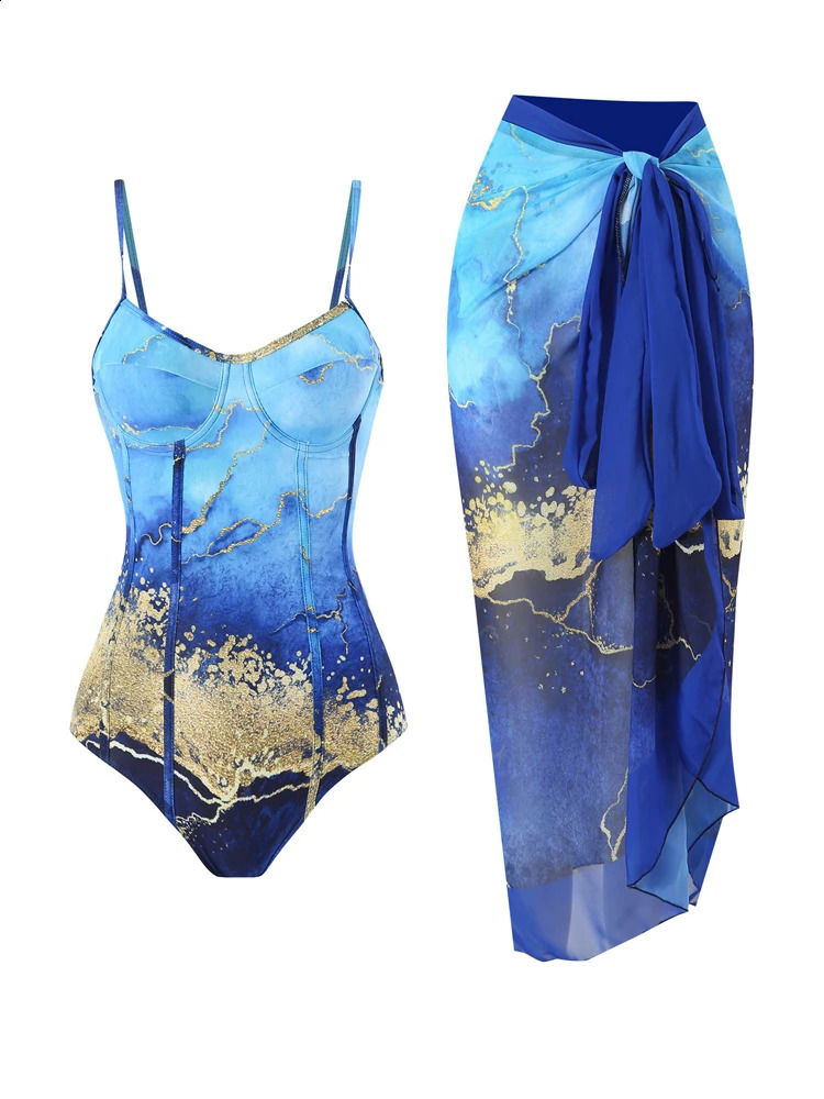Retro Printed Womens Swimsuit Trend High Waisted Bikini Set One Piece Swimwear Tummy Control Banthing Suit with Cover Up 250109