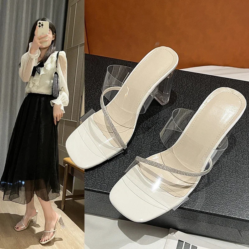 Transparent High Heel Sandals Womens Summer Crystal Shoes Square Head Thick Outerwear Fashionable 250117BJ - view 3