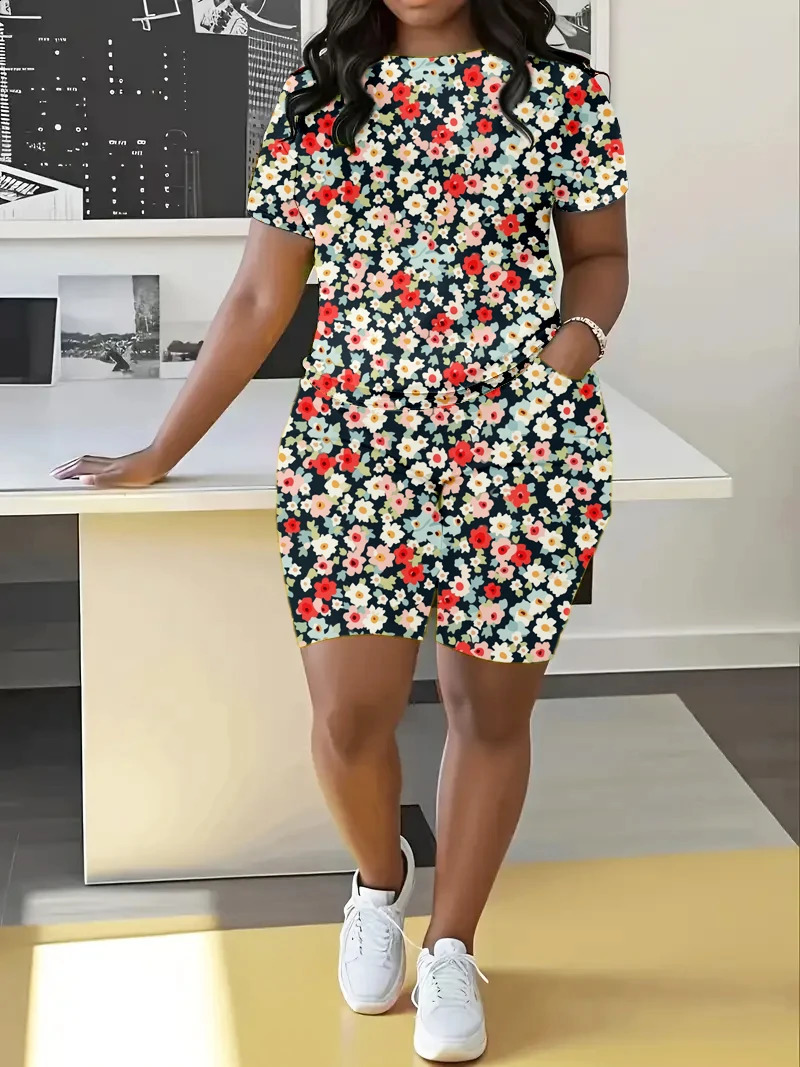 Plus Size Summer Womens Fashion Set Casual Loose Floral Element Print Thin Round Neck Short Sleeved Shorts 250122