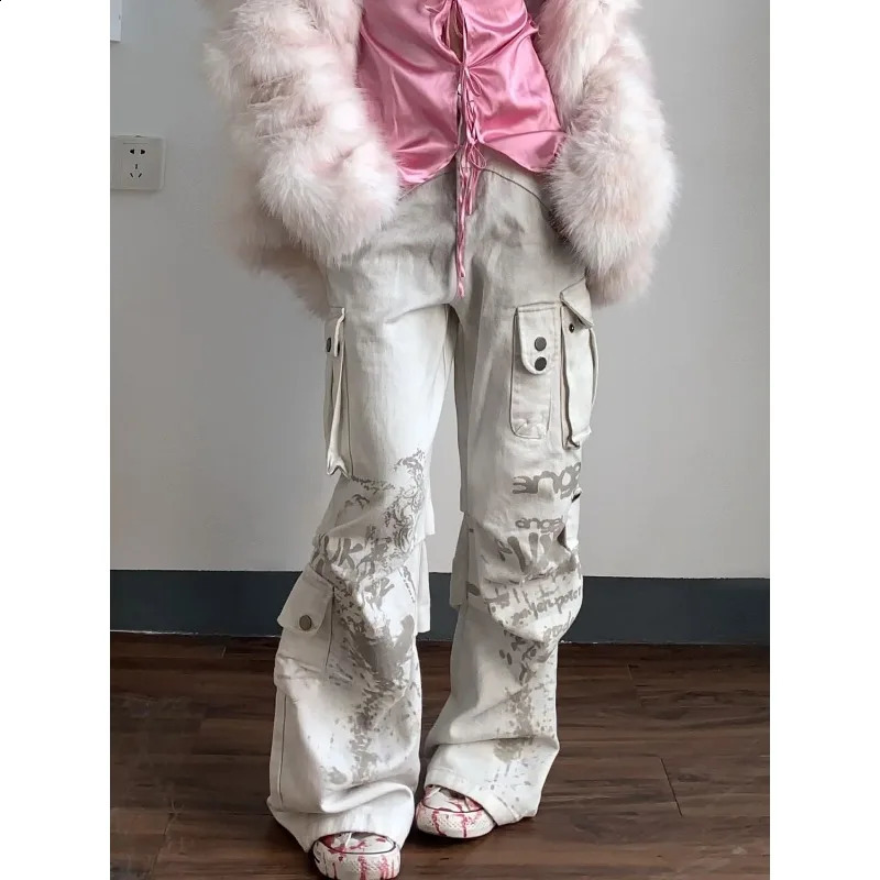 American style distressed dirty washed pleated high waisted jeans for women spring street straight slimming cargo pants