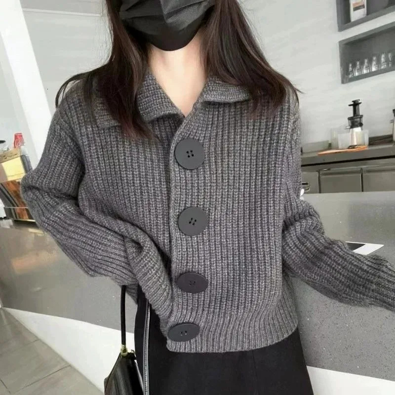 Womens Autumn 2024 Chic Longsleeved Loose Korean Style Trendy Large Buttons Lapel Short Sweater Knitted Cardigan 250109Z