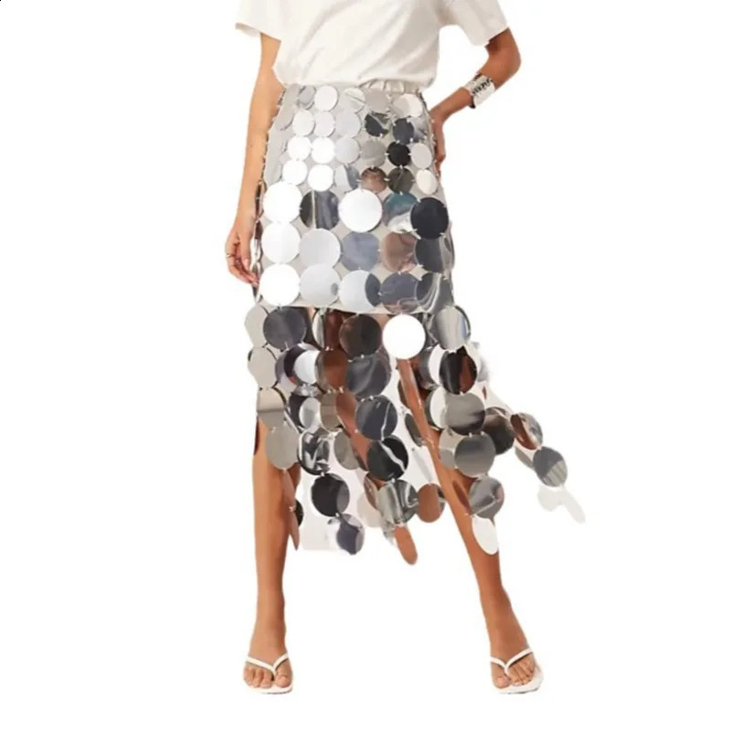 DEAT Fashion Hollow Out Sequins High Waist Solid Color Skirts For Women Trendy Circular Disc Skirt 2025 Spring 33A2406 250110