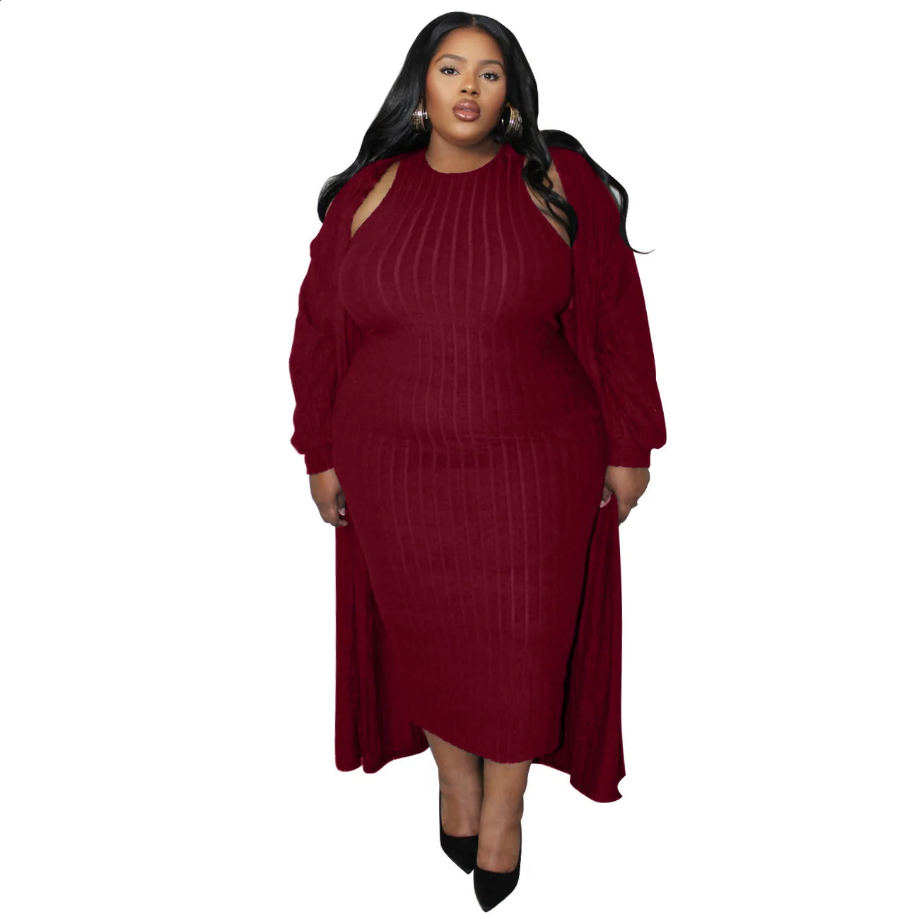 Plus Size Casual Solid Two Pieces Set Spring Winter Ribbed Long Sleeve Cardigan Sleeveless Dress 2 Oversized Suits 250122