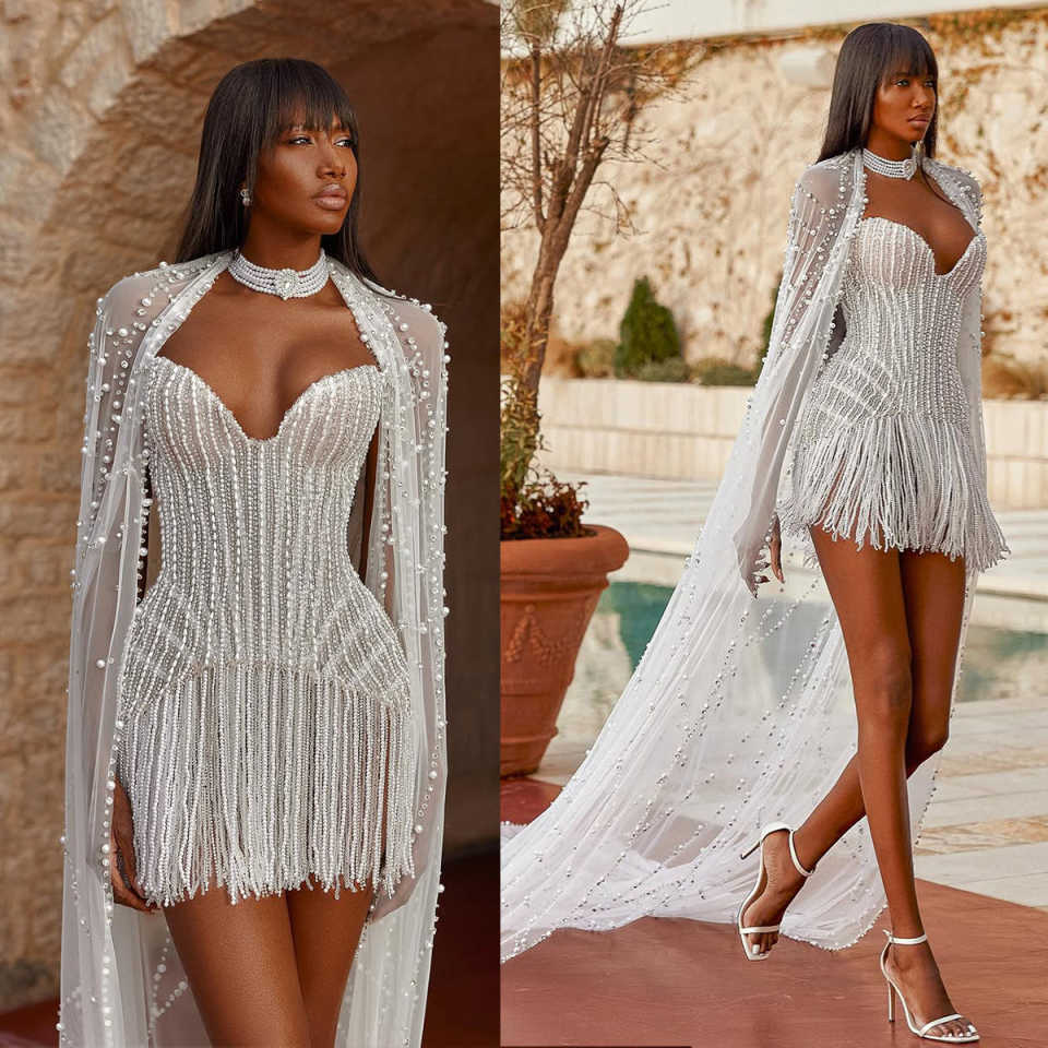 Gorgeous Mini Evening Dresses Sweetheart Neck Sleeveless Gown Pearls Tassel With Wrap Short Prom Party Dress Custom Made