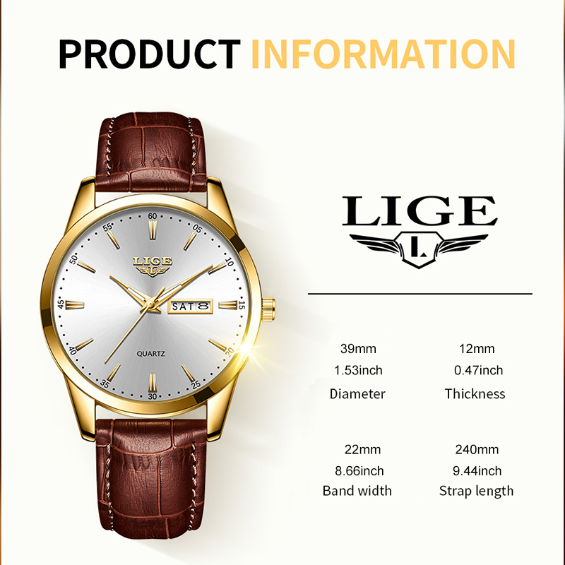 LIGE Classic Quartz Watch Three Pin Double Calendar Ultra Thin Dial Business Men's Watch Waterproof Watch