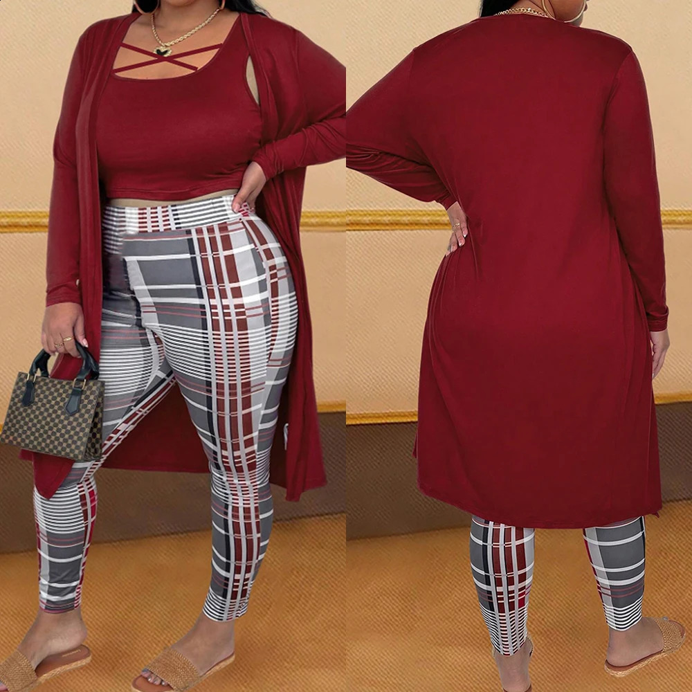 Womens Autumn Winter Plus Size 3 Piece Set Plaid Print Pants Long Sleeve Cardigan Y2K Solid Vest Tops Lady Clothes Casual 250122