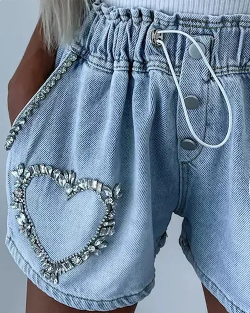 Rhinestone Heart Pattern Drawstring Denim Shorts Women Fashion Spring Summer Jeans Shorts Pants 250122
