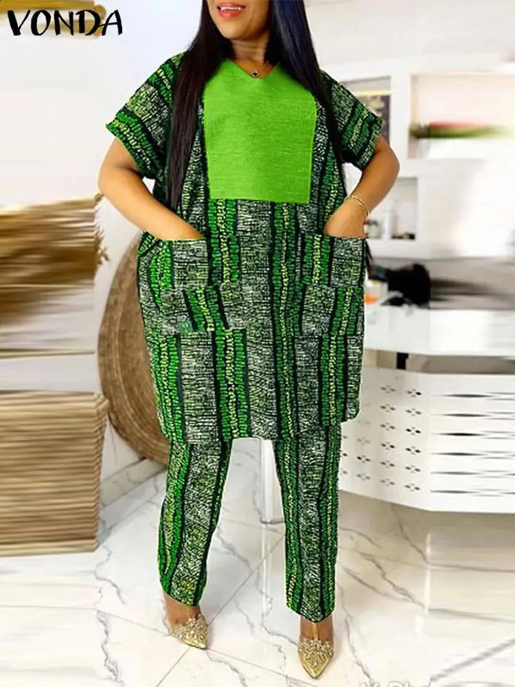 VONDA Plus 5XL Womens Elegant Pants Set 2024 Printed Patch Work Clothes Mens Retro Top and Wide Leg Matching 250122