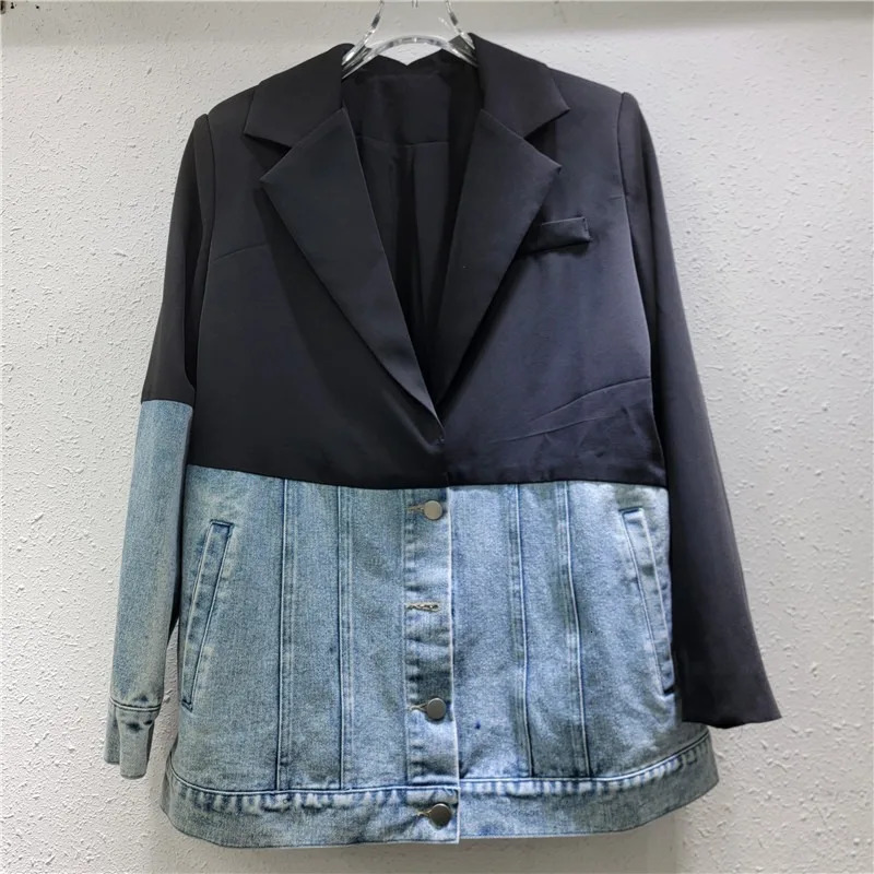 DEAT Womens 2 Pcs Set Single Breasted Patchwork Denim Blazer High Waist Straight Suit Pants 2025 Spring Fashion 29L9383 250114Z