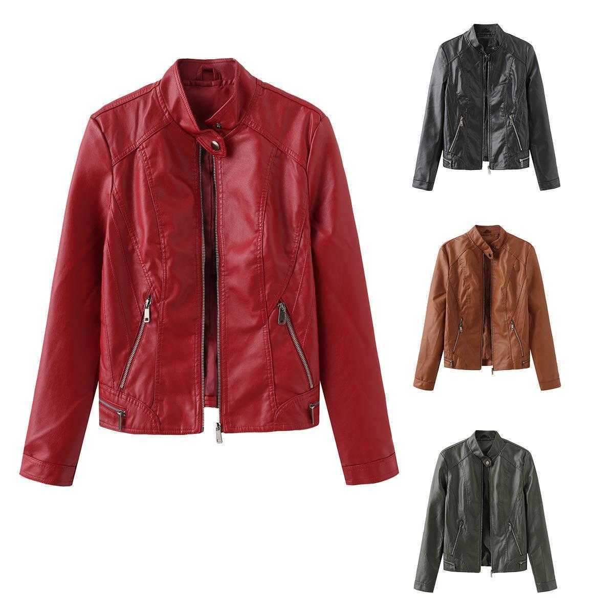 Casual Leather Jacket Spring and Autumn Womens Leather Coat Long Sleeve Zipper Stand Neck Coat Womens Leather Womens Jacket 241209