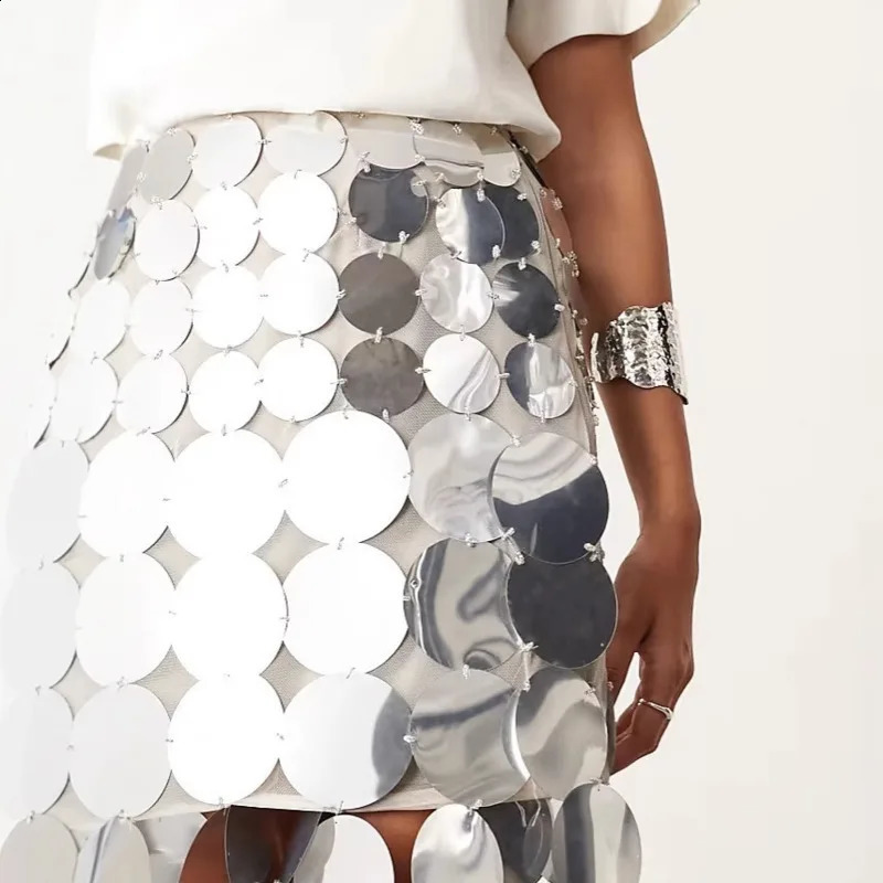 DEAT Fashion Hollow Out Sequins High Waist Solid Color Skirts For Women Trendy Circular Disc Skirt 2025 Spring 33A2406 250110