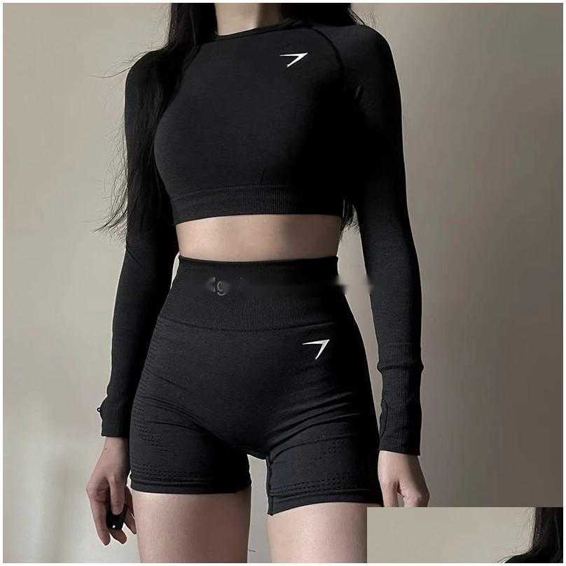 2025--Outfit Sets 2 Piece Set Tshirt Shorts Womens Seamless Women Leggings Belly Control High Waist Sweatpants Fashion Ladies Running