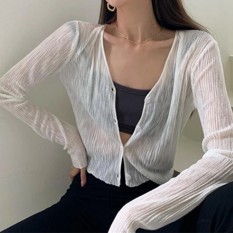 Womens Sunscreen Cardigan VNeck Thin Casual LongSleeved Solid Blouse Tops for Woman Summer Black White Y2K Shirt 250109Z
