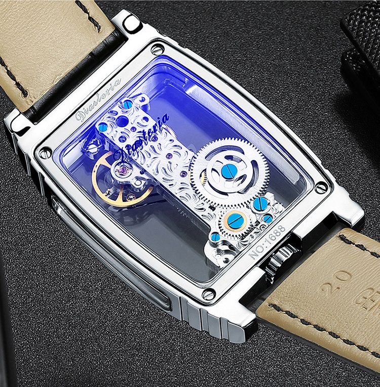 Desda's new barrel-shaped net celebrity square transparent full hollow flywheel mechanical waterproof watch free shipping