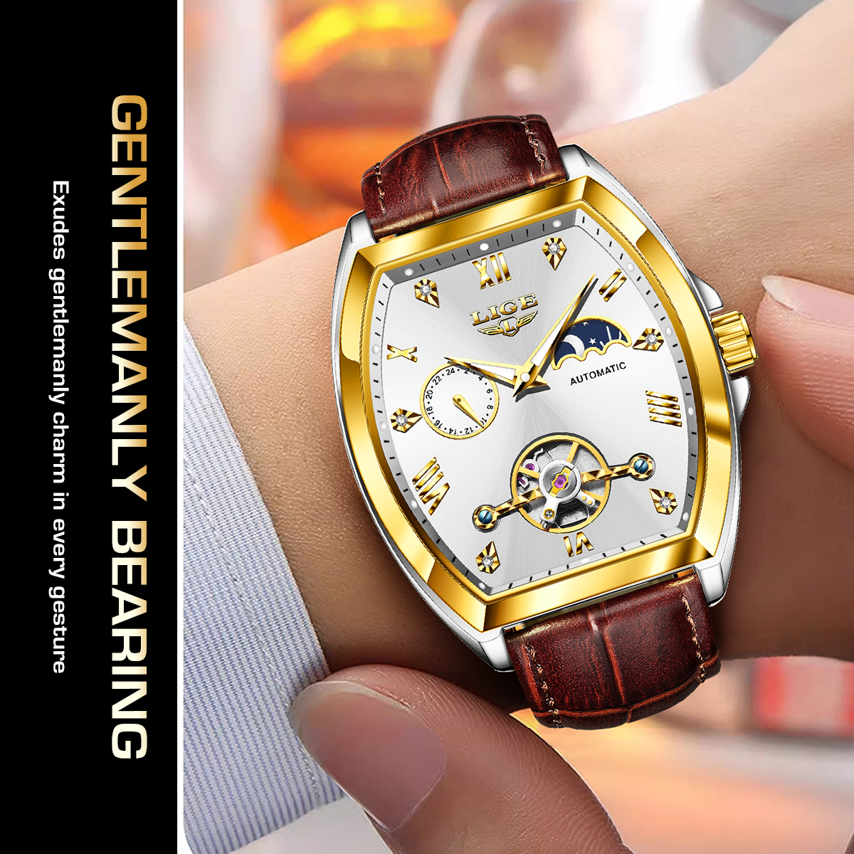 LIGE Men's Tourbillon Mechanical Watch Multi functional Waterproof Night Light Watch Fashion Business Watch