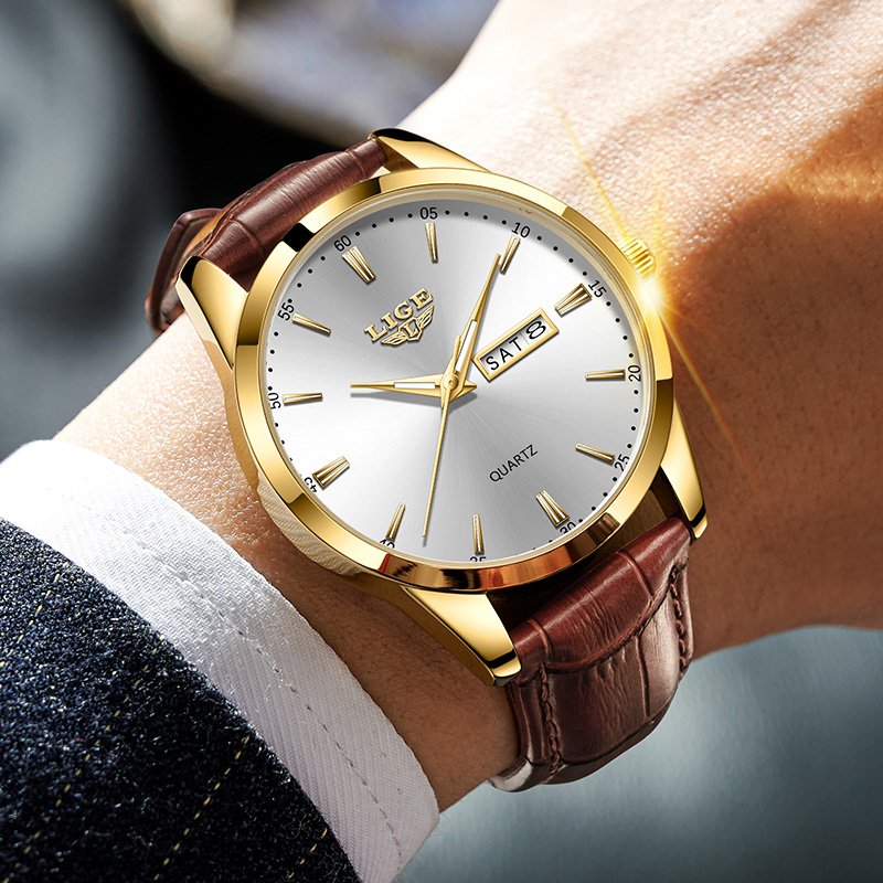 LIGE Classic Quartz Watch Three Pin Double Calendar Ultra Thin Dial Business Men's Watch Waterproof Watch