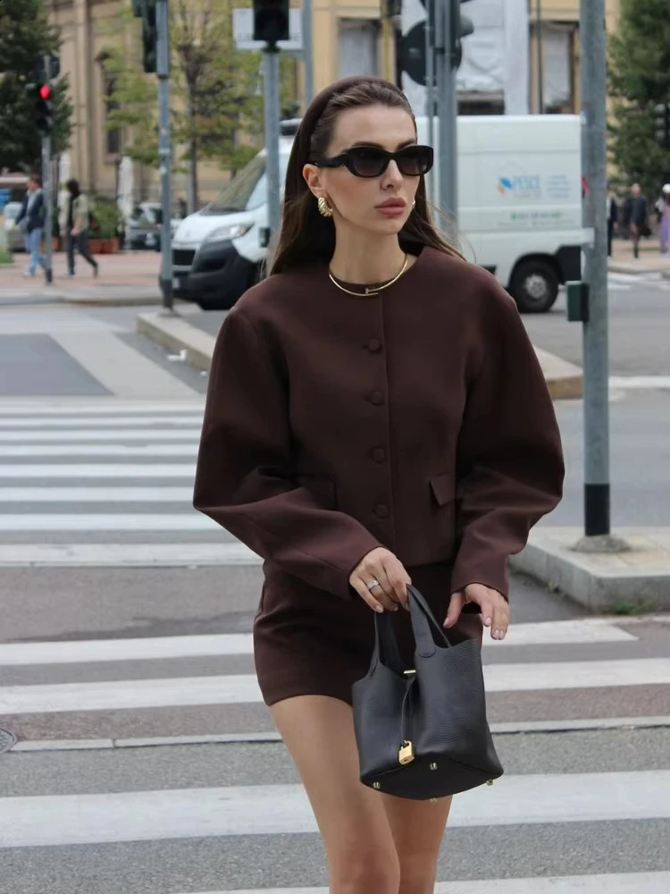 Elegant Mini Skirt Suits Women 2 Pieces Sets Fashion Balloon Buttons Cropped Blazer Coat Zipper Skirts Female Streetwear Outfits 250109