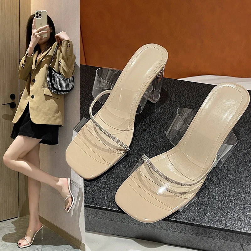 Transparent High Heel Sandals Womens Summer Crystal Shoes Square Head Thick Outerwear Fashionable 250117BJ - view 1