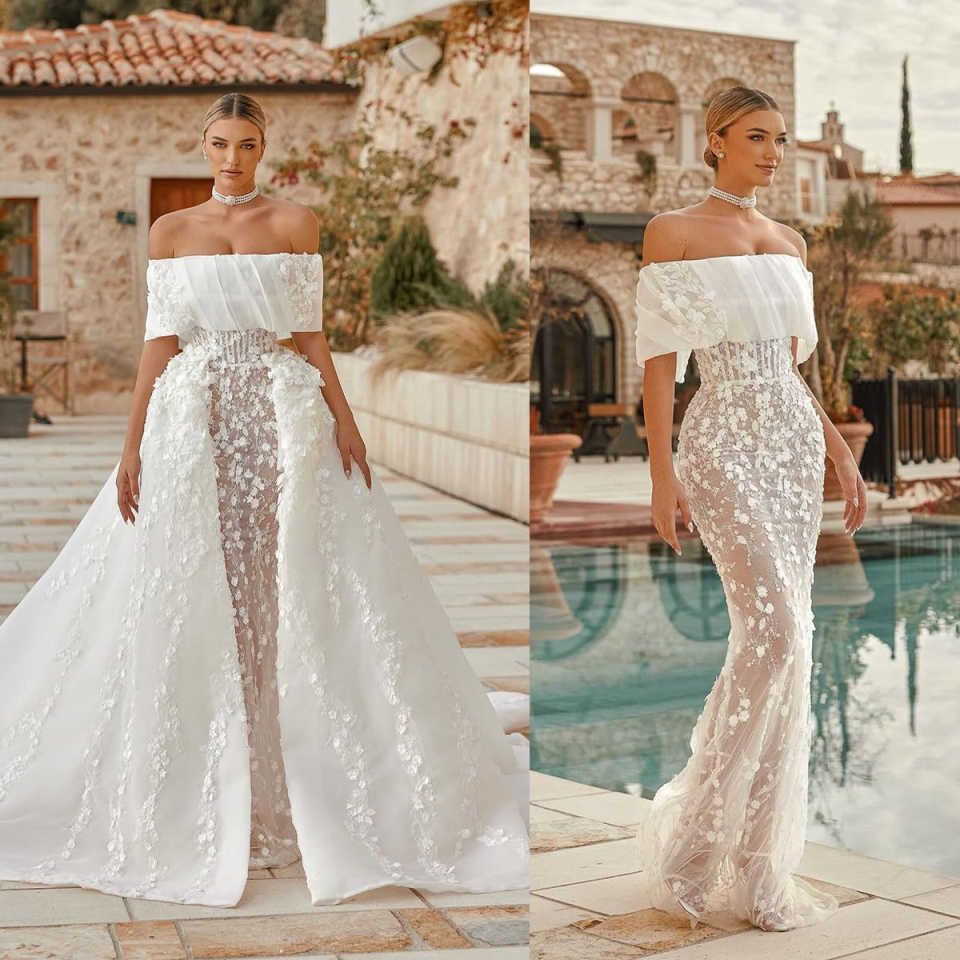 Fashion Mermaid Wedding Dresses For Women Off Shoulder Sleeveless Gown Appliques See Through Detachable Train Customized Dress