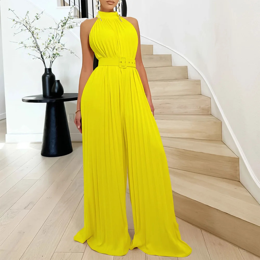 Elegant Pleated Jumpsuits for Women O Neck Sleeveless Belt Waisted Floor Length Birthday Party Outfits Overalls Clothes 250109
