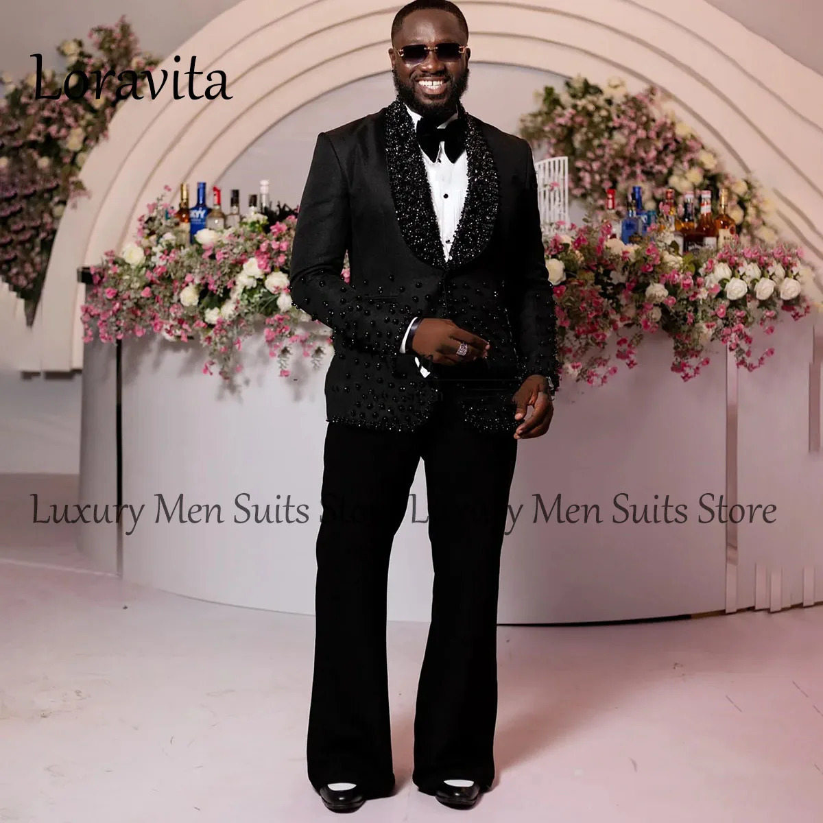 Customized Beaded Men Suits Shawl Lapel Groom Wedding Tuxedos Diamond 2 Pieces Sets Male Prom Blazers Slim Fit Costume Homme 250121