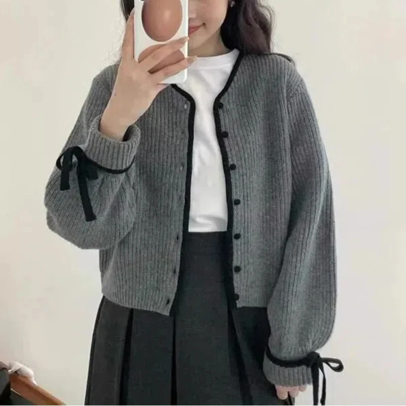 Vintage Sweet AutumnWinter Sweaters Coat Womens ONeck Bow Button Korean Fashion Casual Long Sleeve Cardigan Knitted Tops 250109Z