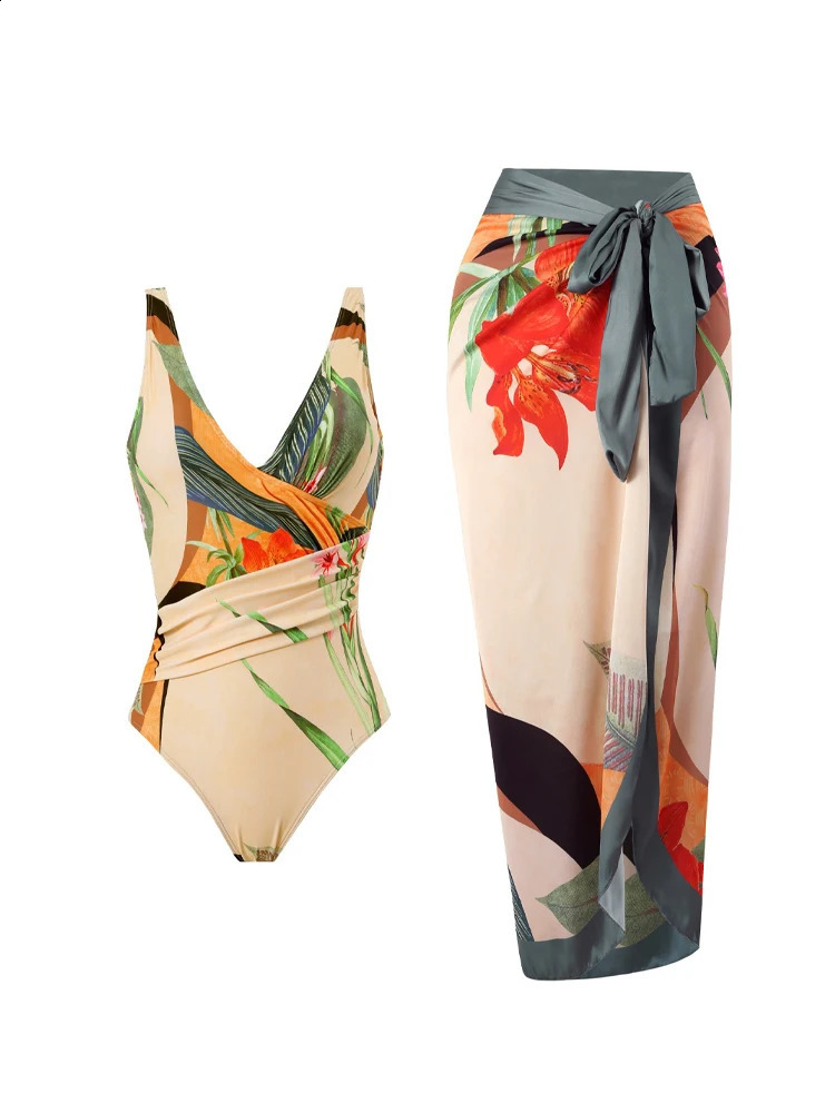 Retro Printed Womens Swimsuit Trend High Waisted Bikini Set One Piece Swimwear Tummy Control Banthing Suit with Cover Up 250109