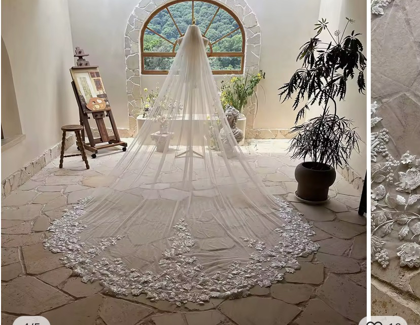 Elegant Gorgeous Pink 3M Long Cathedral Wedding Veils With 3d Lace Appliques Hand Made Flowers Butterfly Pearls Beaded Soft Tulle One Layer Bridal Vei