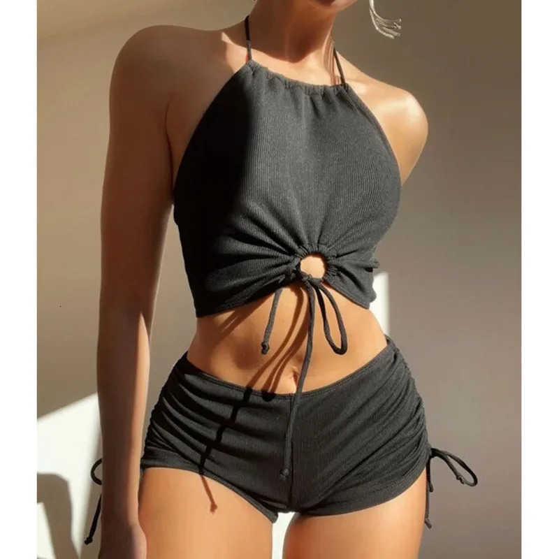 2025 Summer Black Swimsuits Tankini Sets Female Swimwear Sports Beach Wear TwoPiece Bathing Suits Pool Womens Swimming 250121
