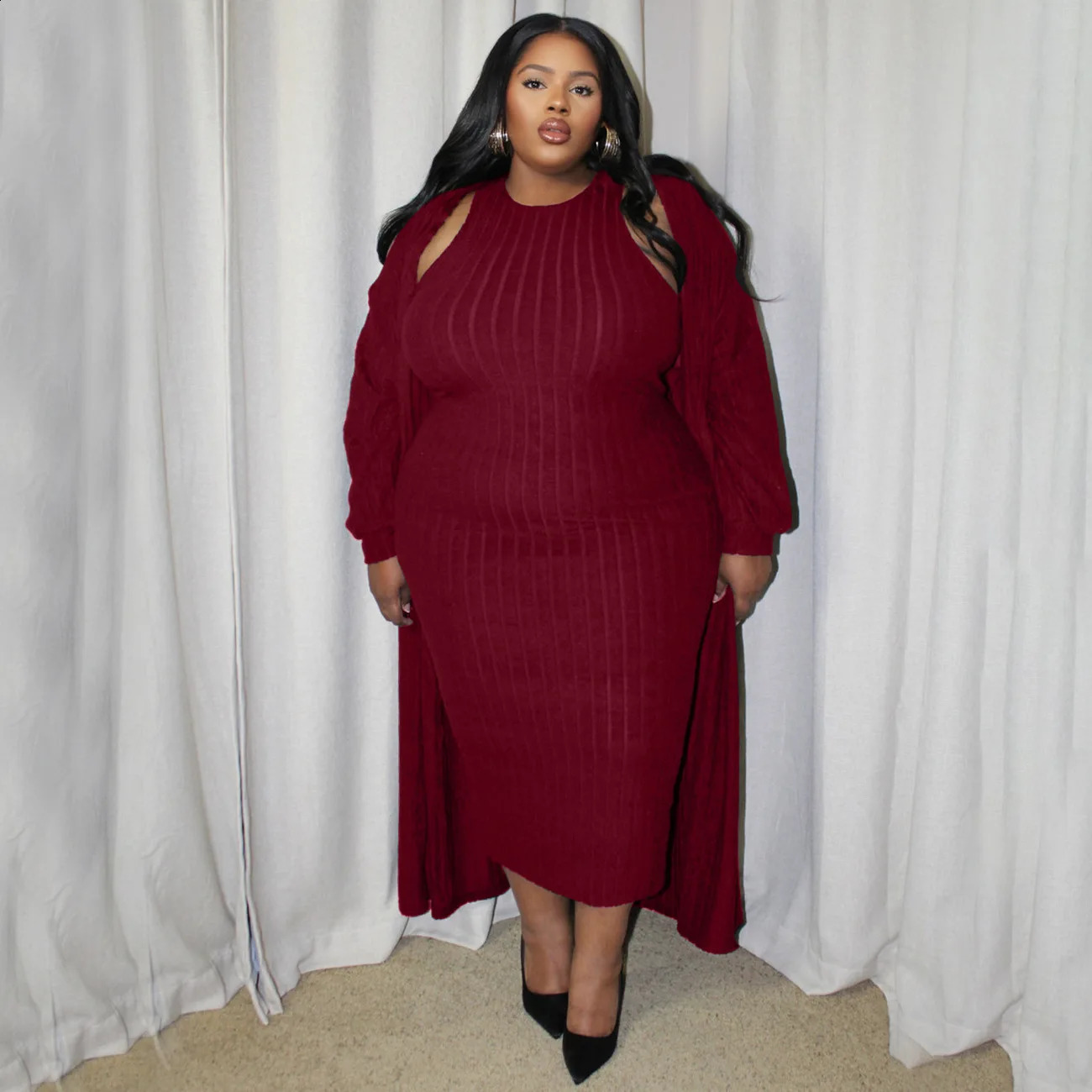 Plus Size Casual Solid Two Pieces Set Spring Winter Ribbed Long Sleeve Cardigan Sleeveless Dress 2 Oversized Suits 250122