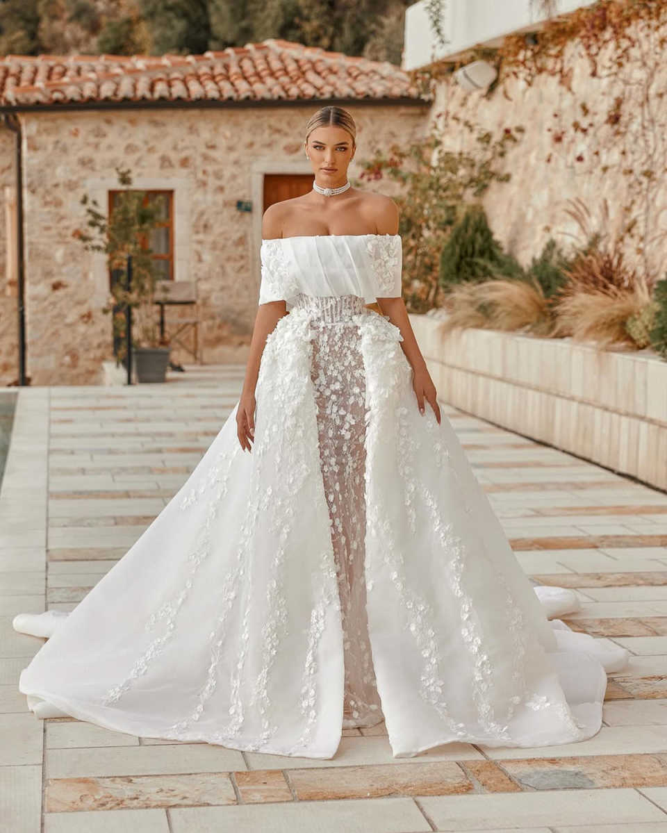 Fashion Mermaid Wedding Dresses For Women Off Shoulder Sleeveless Gown Appliques See Through Detachable Train Customized Dress